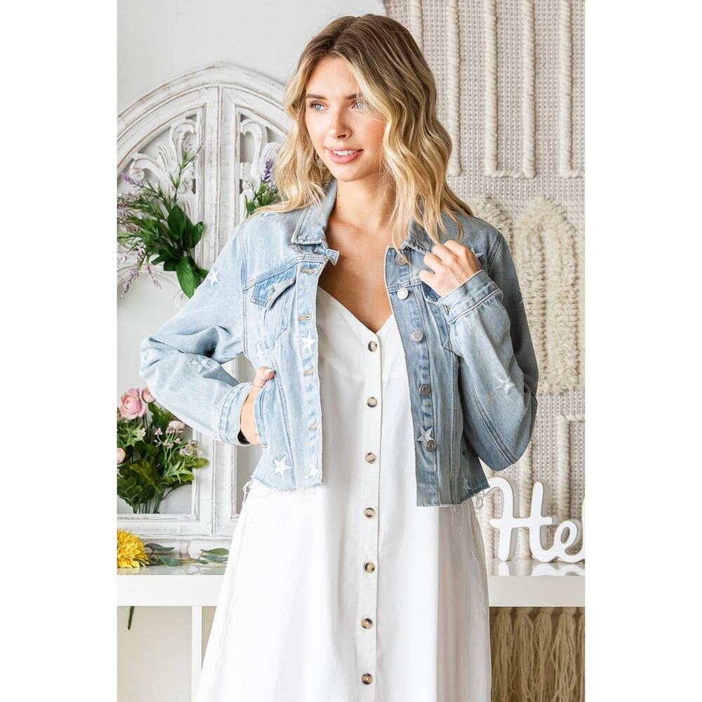 "Starboard" Star Embroidered Denim Jacket in Lt Wash - Picture 6 of 10